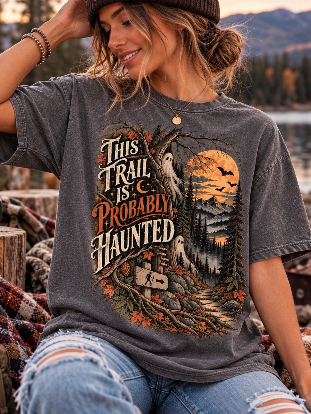 Grey Spooky Season 'This Trail Is Probably Haunted' Graphic Short Sleeve Tee